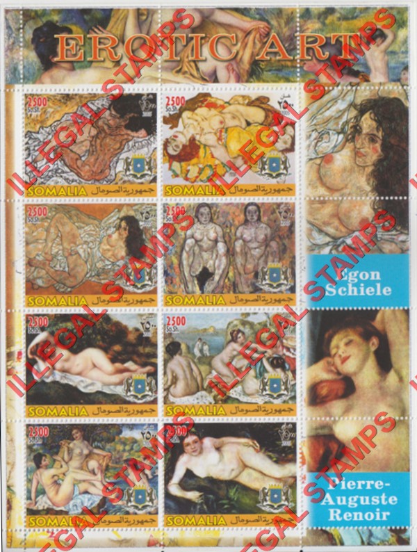 Somalia 2005 Erotic Art Egon Schiele and Pierre-Auguste Renoir Illegal Stamp Souvenir Sheet of 8