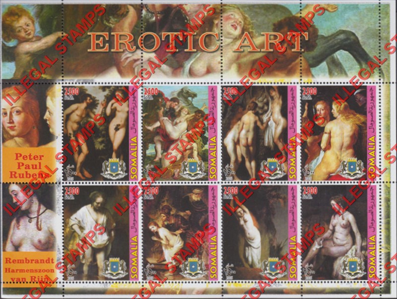 Somalia 2005 Erotic Art Peter Paul Rubens and Rembrandt Illegal Stamp Souvenir Sheet of 8