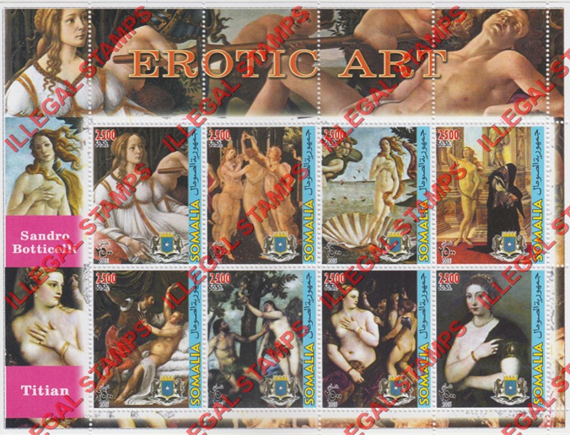 Somalia 2005 Erotic Art Sandro Botticelli and Titian Illegal Stamp Souvenir Sheet of 8