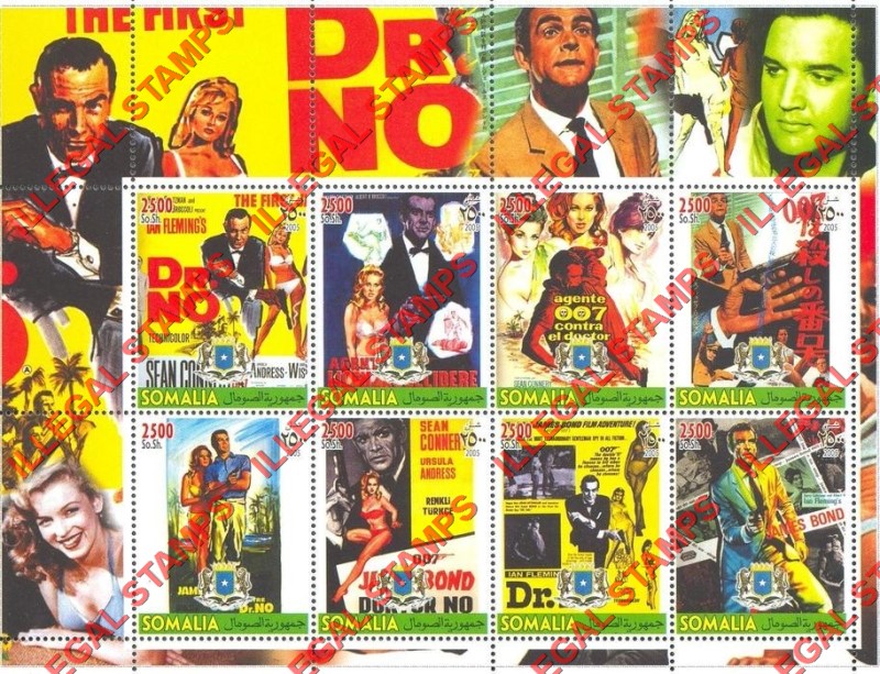 Somalia 2005 James Bond Dr. No Illegal Stamp Souvenir Sheet of 8