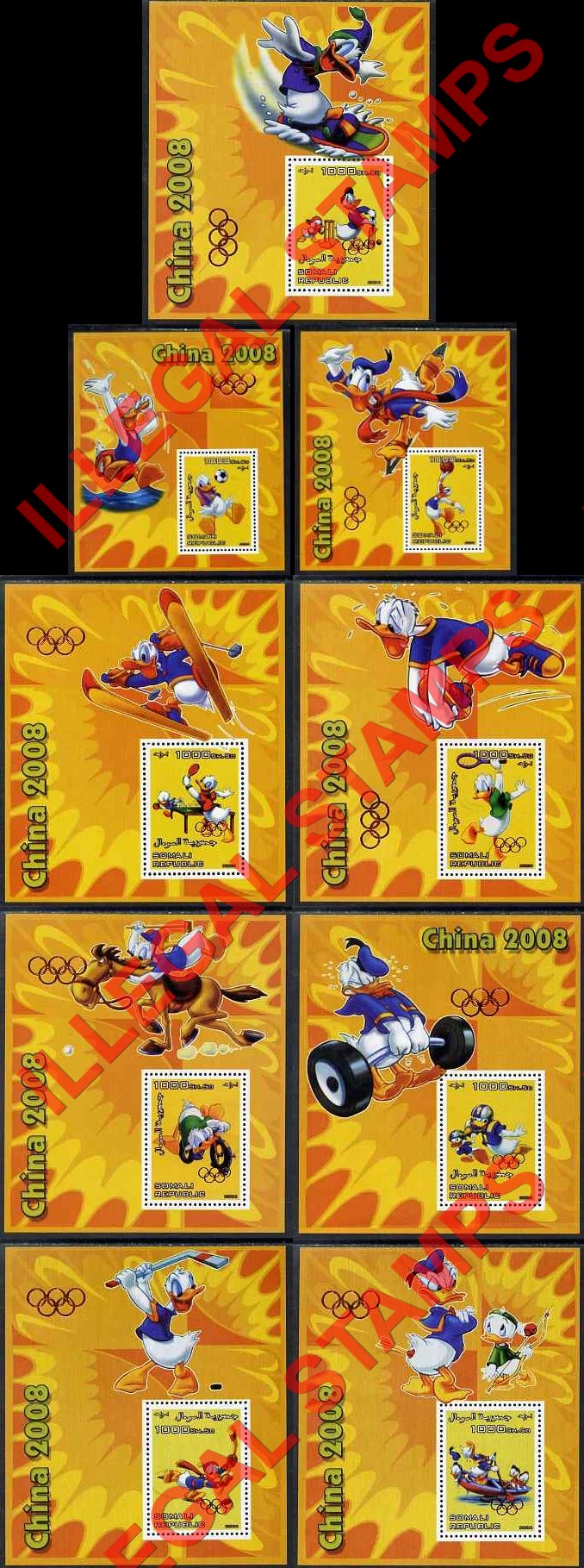 Somalia 2006 Donald Duck China 2008 Olympics Illegal Stamp Souvenir Sheets of 1 With Olympic Ring Overprints on the Souvenir Sheet