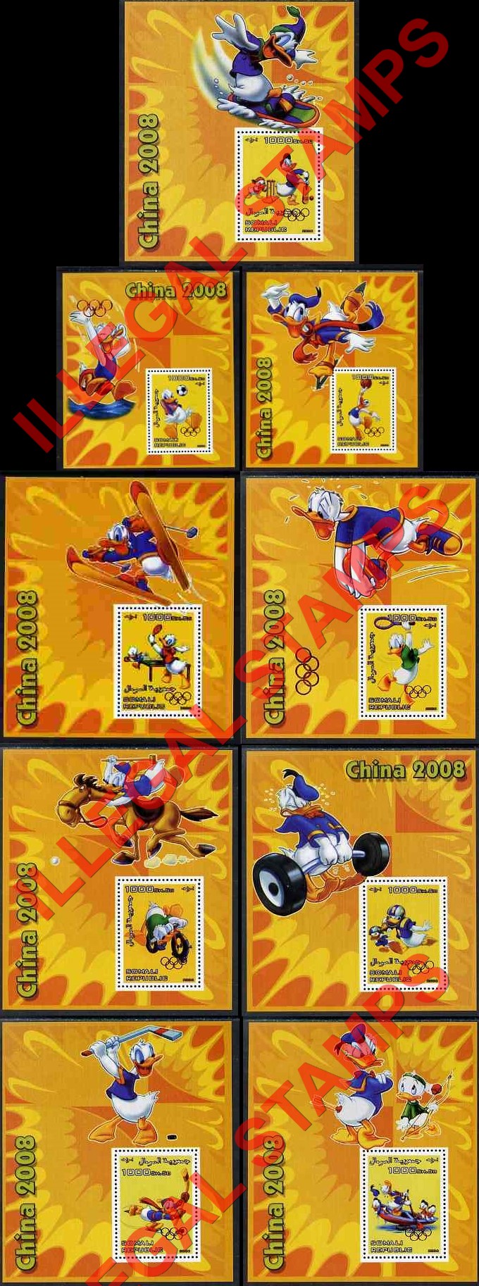 Somalia 2006 Donald Duck China 2008 Olympics Illegal Stamp Souvenir Sheets of 1 With Olympic Ring Overprints on the Stamp