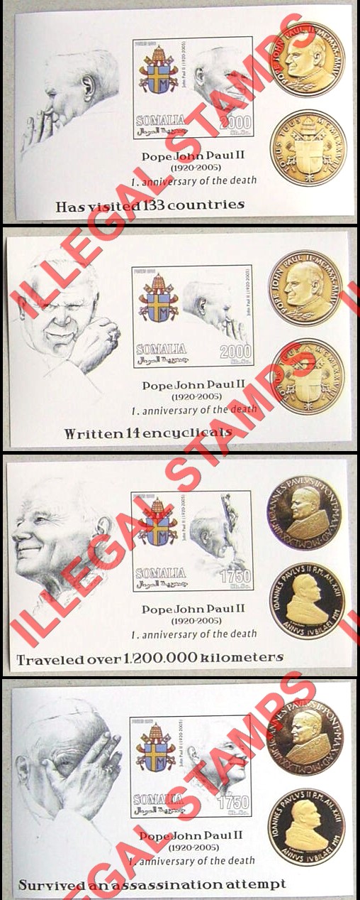 Somalia 2006 Pope John Paul II Death Anniversary Illegal Stamp Souvenir Sheets of 1 with Gold Coins