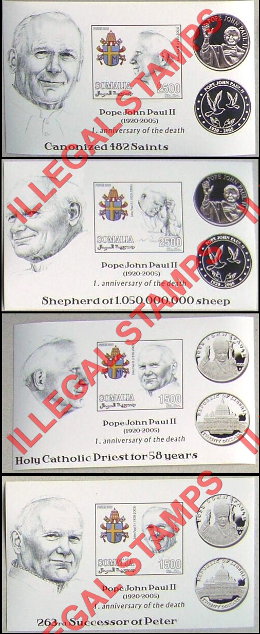Somalia 2006 Pope John Paul II Death Anniversary Illegal Stamp Souvenir Sheets of 1 with Silver Coins