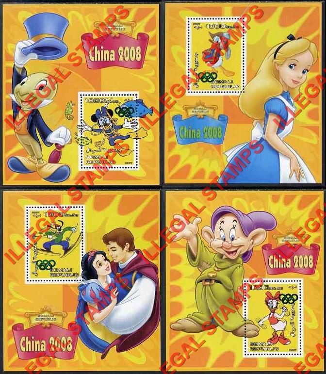 Somalia 2007 Disney Characters China 2008 Olympics Illegal Stamp Souvenir Sheets of 1 (Part 1)