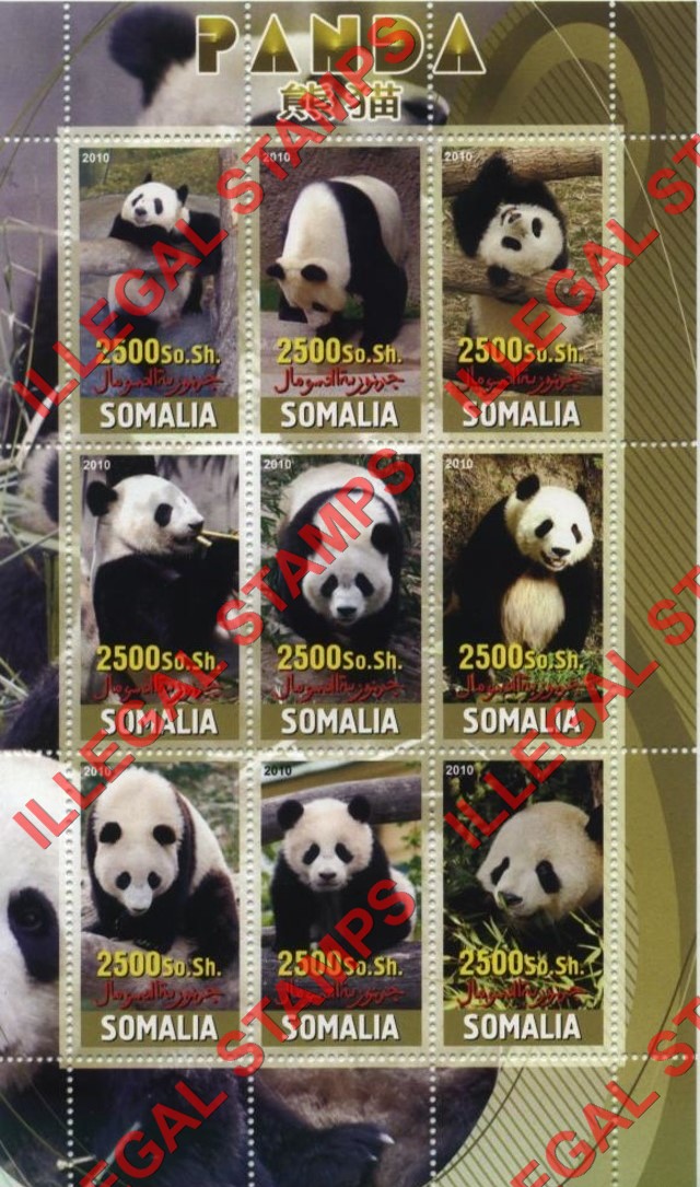 Somalia 2010 Pandas Illegal Stamp Souvenir Sheet of 9