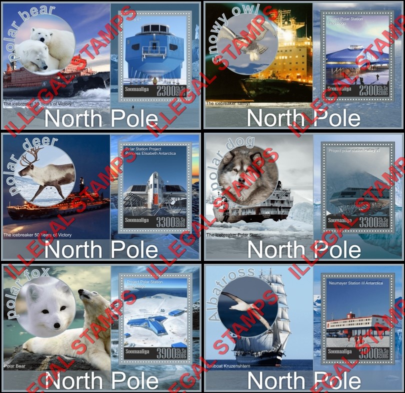 Somalia 2016 North Pole Research Facilities Icebreakers and Animals Illegal Stamp Souvenir Sheets of 1