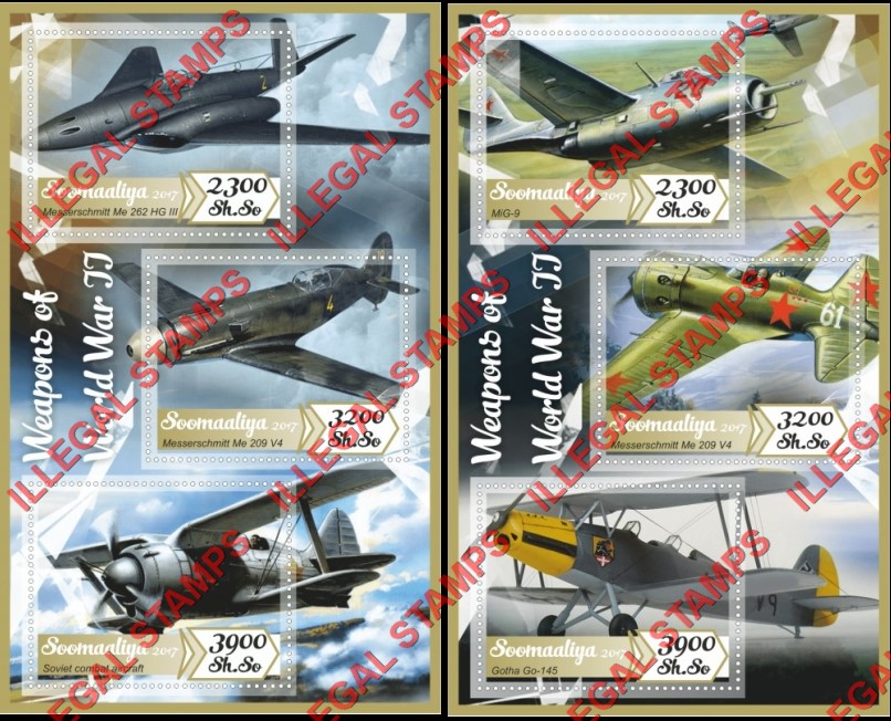Somalia 2017 Weapons of World War II Fighter Planes Illegal Stamp Souvenir Sheets of 3