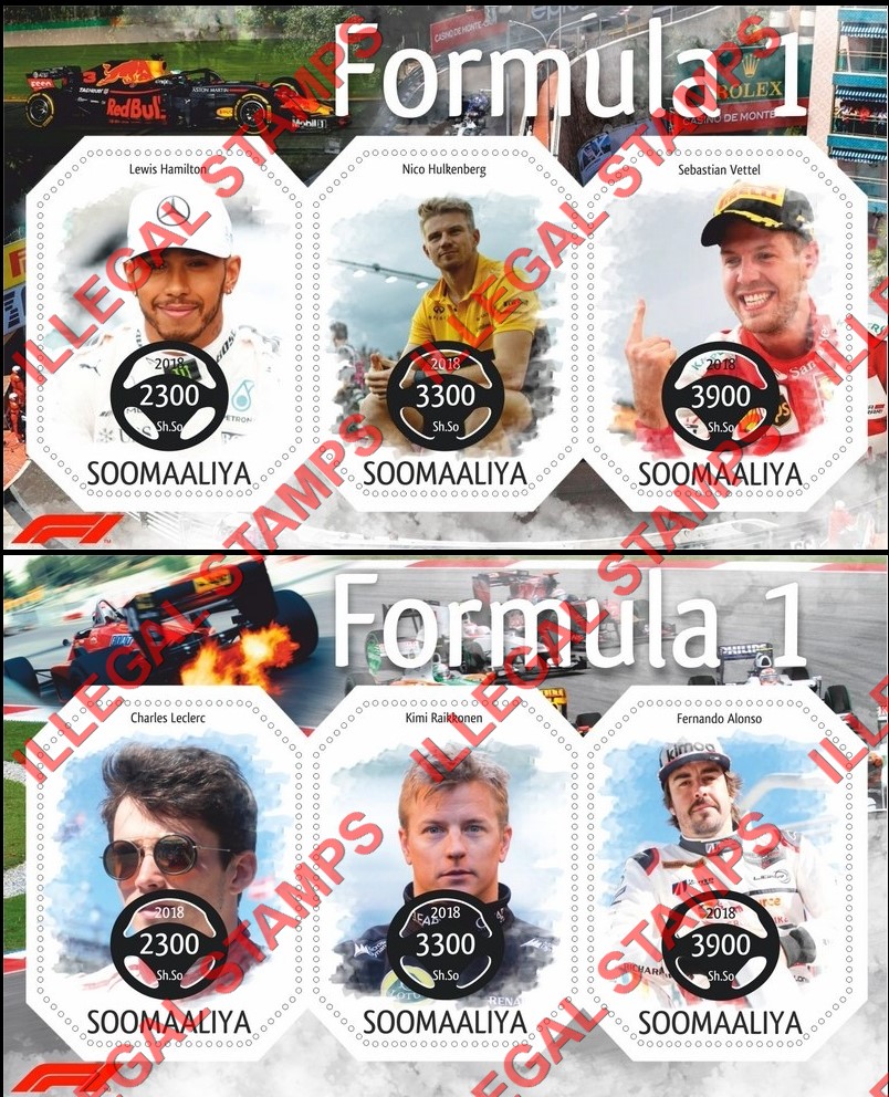 Somalia 2018 Formula I Drivers Illegal Stamp Souvenir Sheets of 3