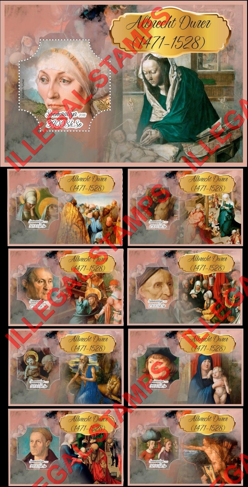 Somalia 2018 Paintings by Albrecht Durer (different) Illegal Stamp Souvenir Sheets of 1