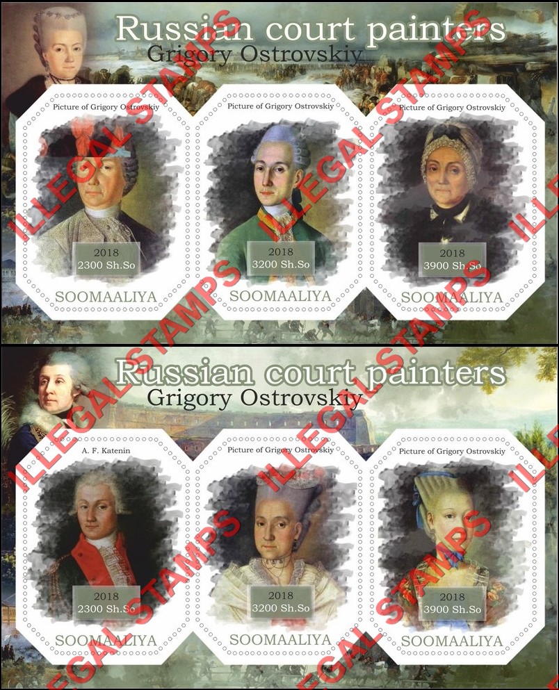 Somalia 2018 Paintings Russian Court Painters Grigory Ostrovskiy Illegal Stamp Souvenir Sheets of 3