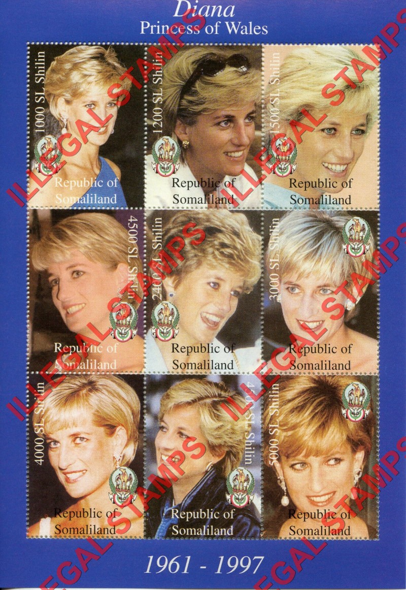 Somaliland 1998 Princess Diana Illegal Stamp Souvenir Sheet of 9