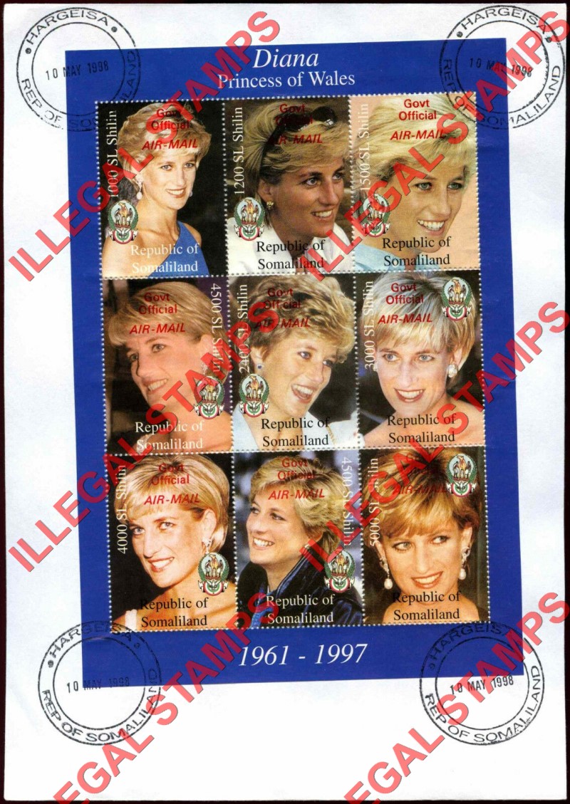 Somaliland 1998 Princess Diana Illegal Stamp Souvenir Sheet of 9 Overprinted on Fake First Day Cover