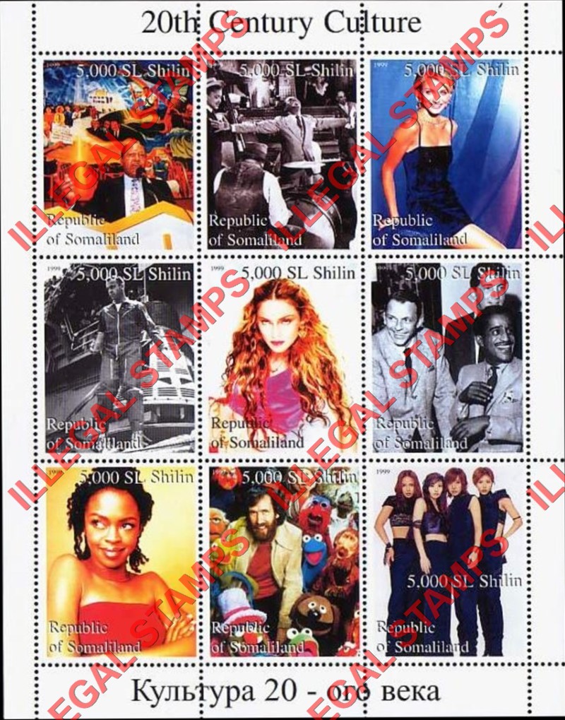 Somaliland 1999 20th Century Culture Illegal Stamp Souvenir Sheet of 9