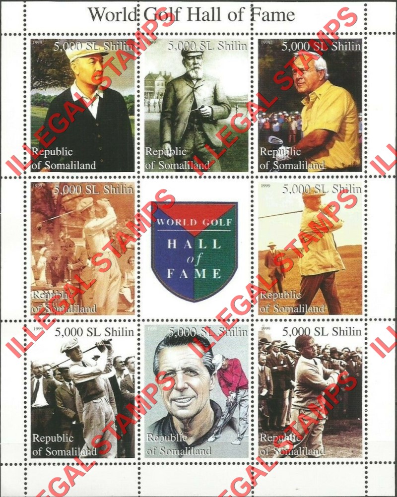 Somaliland 1999 Golf Hall of Fame Illegal Stamp Souvenir Sheet of 9