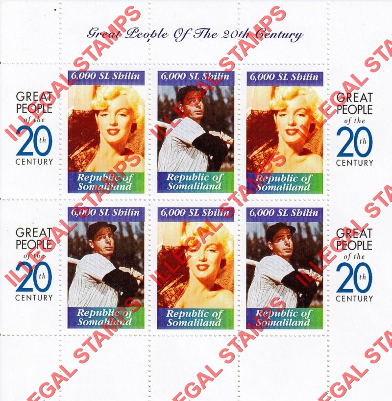 Somaliland 1999 Great People Marilyn Monroe and Joe di Maggio Illegal Stamp Souvenir Sheet of 6