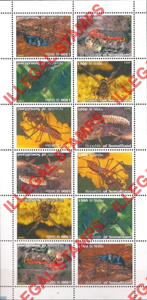 Somaliland 1999 Insects Illegal Stamp Block of 12 Tete-beche