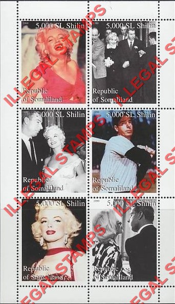 Somaliland 1999 Marilyn Monroe and Joe di Maggio Illegal Stamp Souvenir Sheet of 6