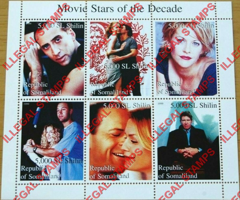 Somaliland 1999 Movie Stars of the Decade Illegal Stamp Souvenir Sheet of 6
