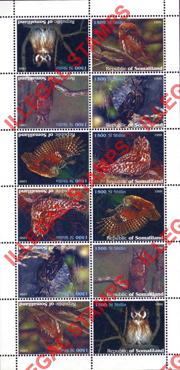 Somaliland 1999 Owls Illegal Stamp Block of 12 Tete-beche