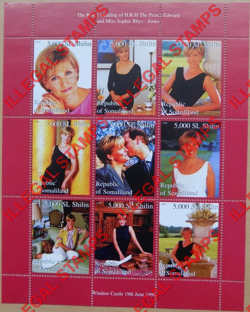 Somaliland 1999 Royal Wedding of Prince Edward and Miss Sophie Rhys - Jones Illegal Stamp Souvenir Sheet of 9