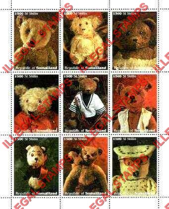 Somaliland 1999 Teddy Bears Illegal Stamp Souvenir Sheet of 9