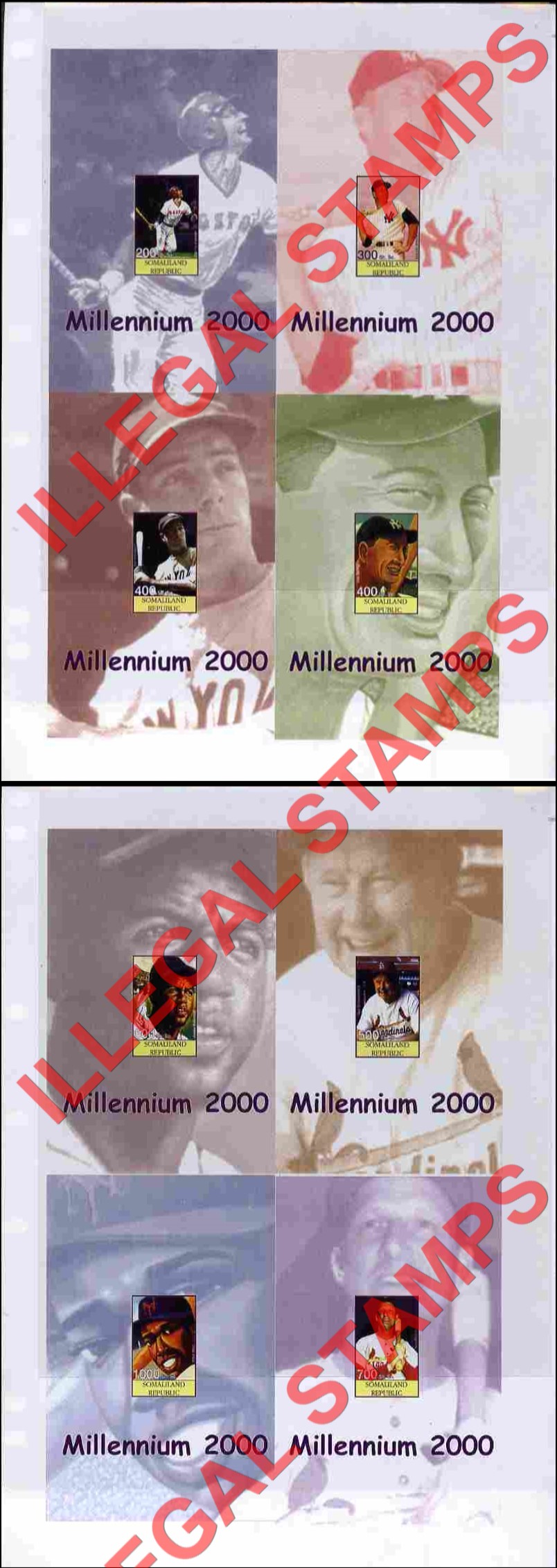 Somaliland 2000 Millenium Baseball Players Illegal Stamp Souvenir Sheets of 1