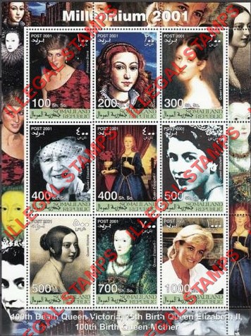 Somaliland 2001 Millenium British Royals Illegal Stamp Souvenir Sheet of 9