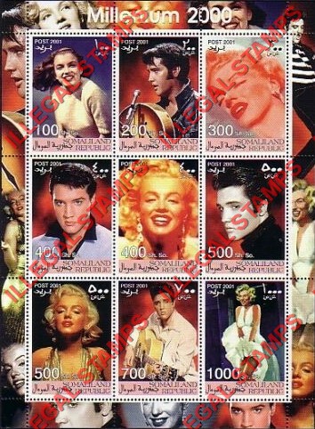 Somaliland 2001 Millenium Elvis Presley and Marilyn Monroe Illegal Stamp Souvenir Sheet of 9