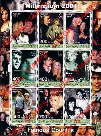 Somaliland 2001 Millenium Famous Couples Illegal Stamp Souvenir Sheet of 9