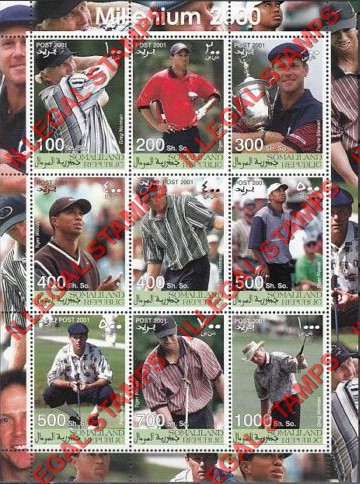 Somaliland 2001 Millenium Famous Golf Players Illegal Stamp Souvenir Sheet of 9