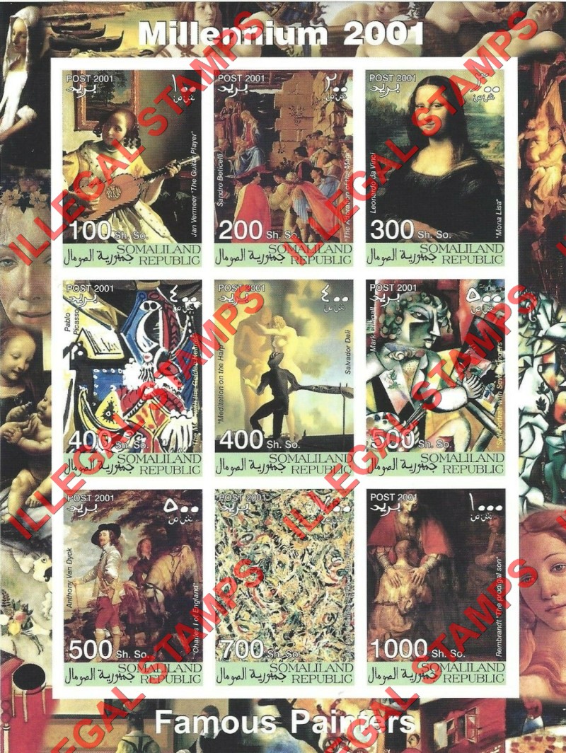 Somaliland 2001 Millenium Famous Painters Paintings Illegal Stamp Souvenir Sheet of 9