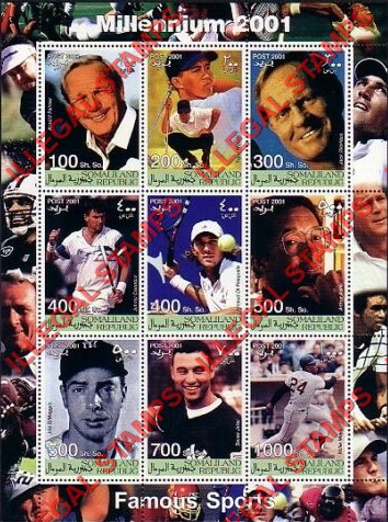 Somaliland 2001 Millenium Famous Sports Players Illegal Stamp Souvenir Sheet of 9