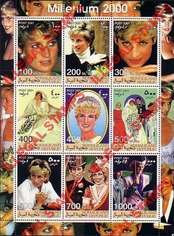 Somaliland 2001 Millenium Princess Diana Illegal Stamp Souvenir Sheet of 9