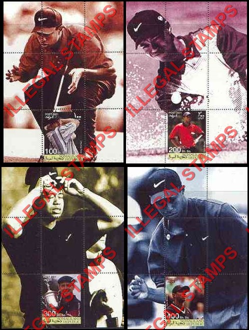 Somaliland 2001 Tiger Woods Illegal Stamp Souvenir Sheets of 1 (Part 1)