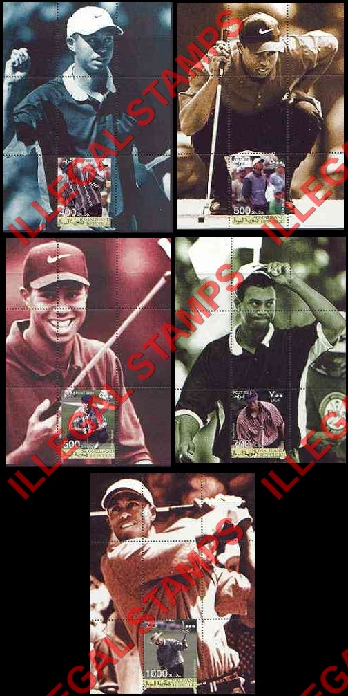 Somaliland 2001 Tiger Woods Illegal Stamp Souvenir Sheets of 1 (Part 2)