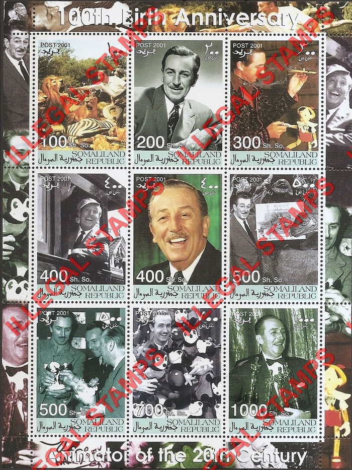 Somaliland 2001 Walt Disney Illegal Stamp Souvenir Sheet of 9