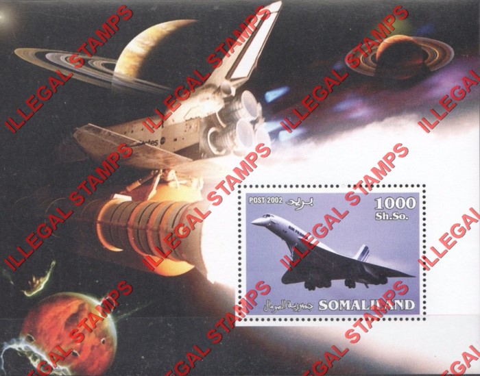 Somaliland 2002 Concorde and Space Shuttle Illegal Stamp Souvenir Sheet of 1
