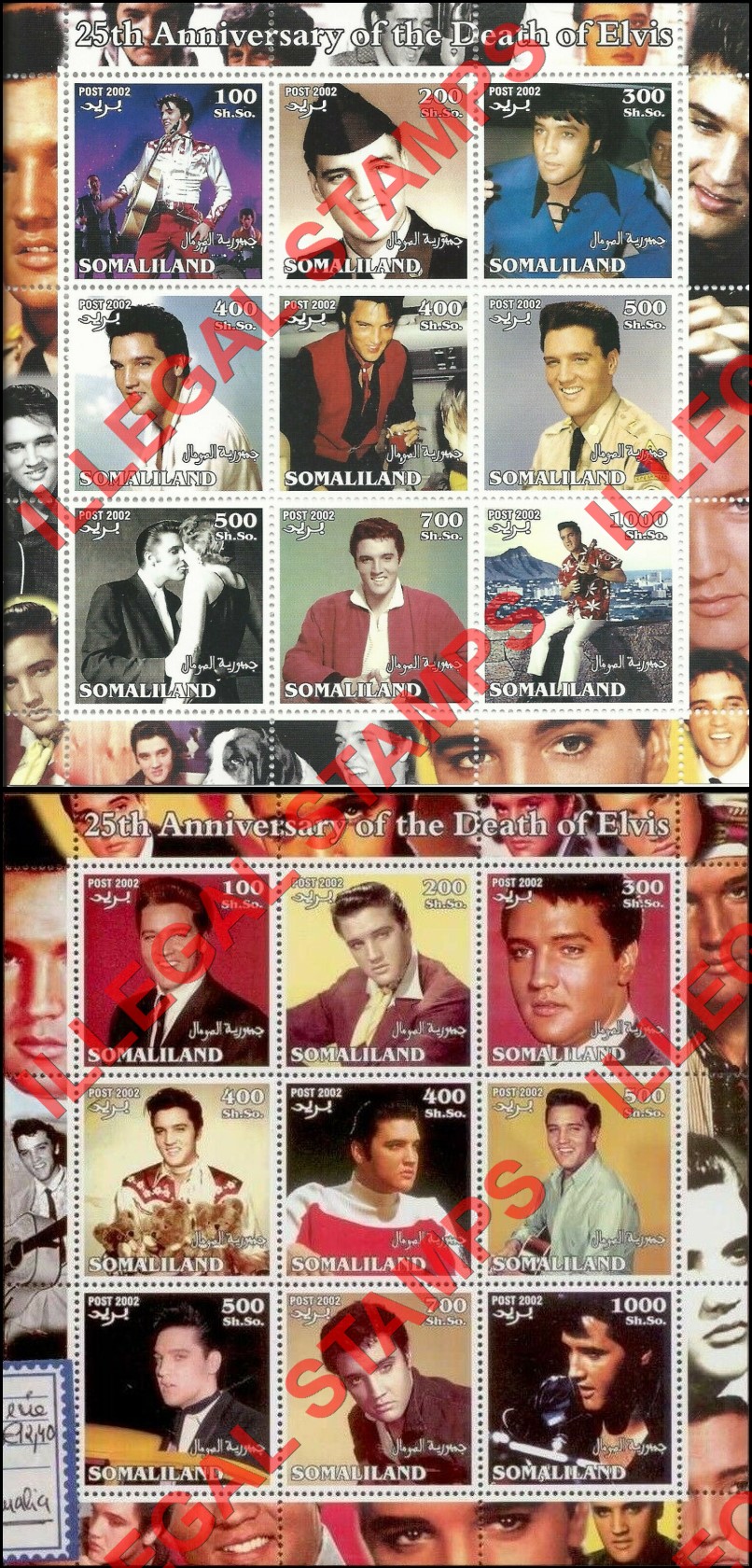 Somaliland 2002 Elvis Presley Illegal Stamp Souvenir Sheets of 9