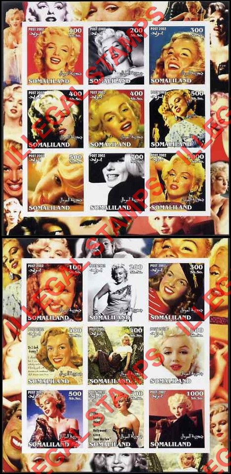 Somaliland 2002 Marilyn Monroe Illegal Stamp Souvenir Sheets of 9