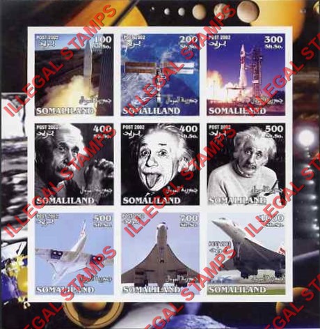Somaliland 2002 Space Albert Einstein and Concorde Illegal Stamp Souvenir Sheet of 9