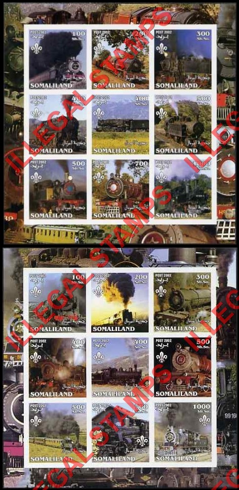 Somaliland 2002 Steam Trains Illegal Stamp Souvenir Sheets of 9