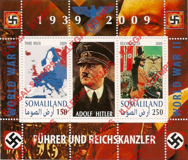 Somaliland 2009 Adolf Hitler and Reichskanzler Illegal Stamp Souvenir Sheet of 2 Plus Label