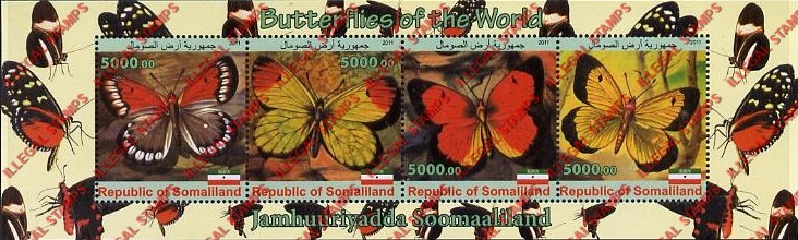 Somaliland 2011 Butterflies of the World Illegal Stamp Souvenir Sheet of 4