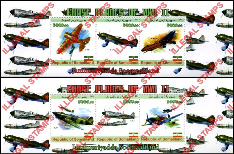 Somaliland 2011 Chase Planes of World War II Illegal Stamp Souvenir Sheets of 3