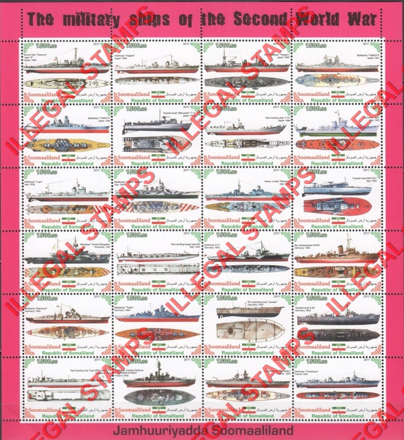 Somaliland 2011 Military Ships of the Second World War Illegal Stamp Sheet of 24 (Sheet 1)