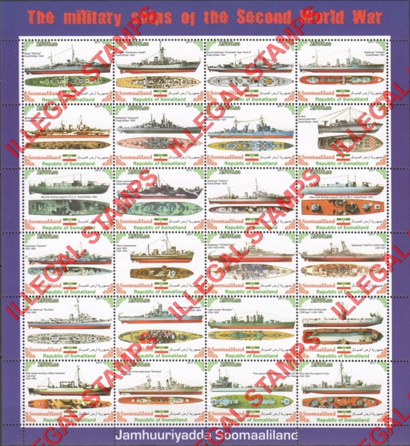 Somaliland 2011 Military Ships of the Second World War Illegal Stamp Sheet of 24 (Sheet 2)