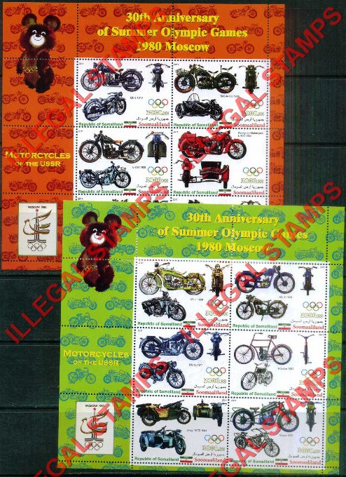 Somaliland 2011 Motorcycles Summer Olympic Games in Moscow (1980) Illegal Stamp Souvenir Sheets of 6