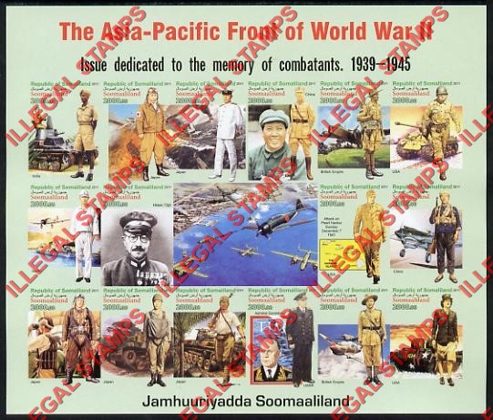 Somaliland 2011 The Asia-Pacific Front of World War II Illegal Stamp Souvenir Sheet of 16 Plus Label
