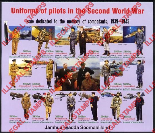 Somaliland 2011 Uniforms of Pilots in World War II Illegal Stamp Souvenir Sheet of 16 Plus Label